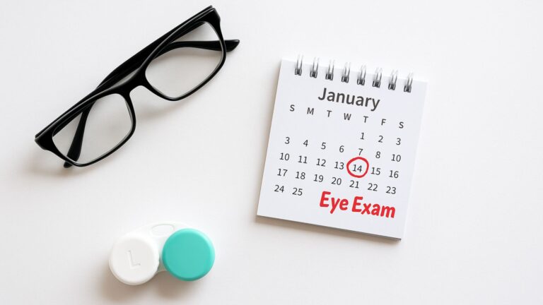 Calendar reminder with glasses and contacts symbolizing annual eye care routine.