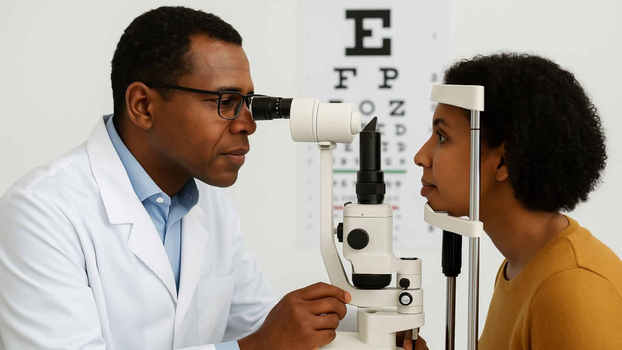 Optometrist conducting a vision test as part of annual eye care.