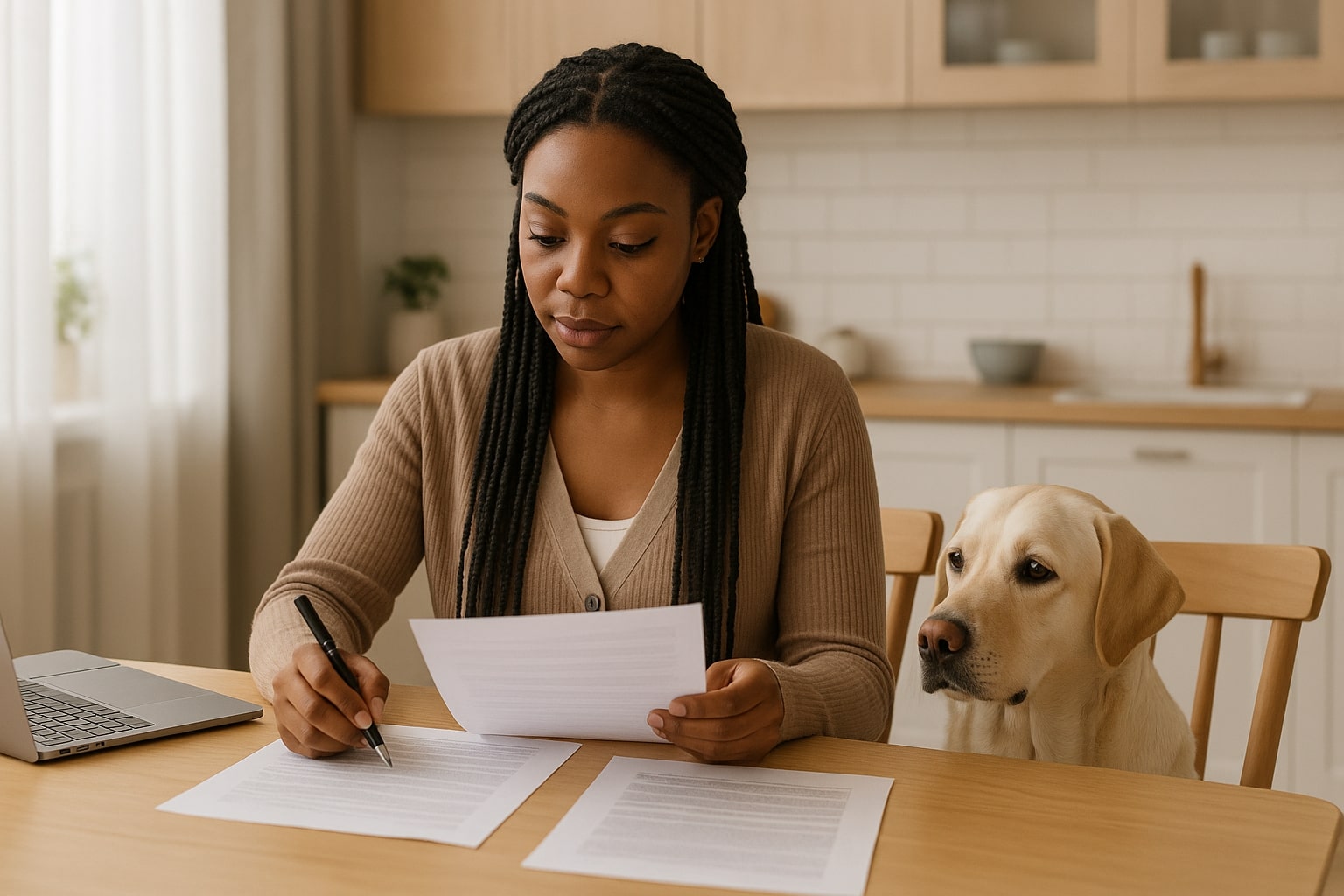 A Black woman sits at her kitchen table reviewing rental paperwork with her emotional support dog beside her.