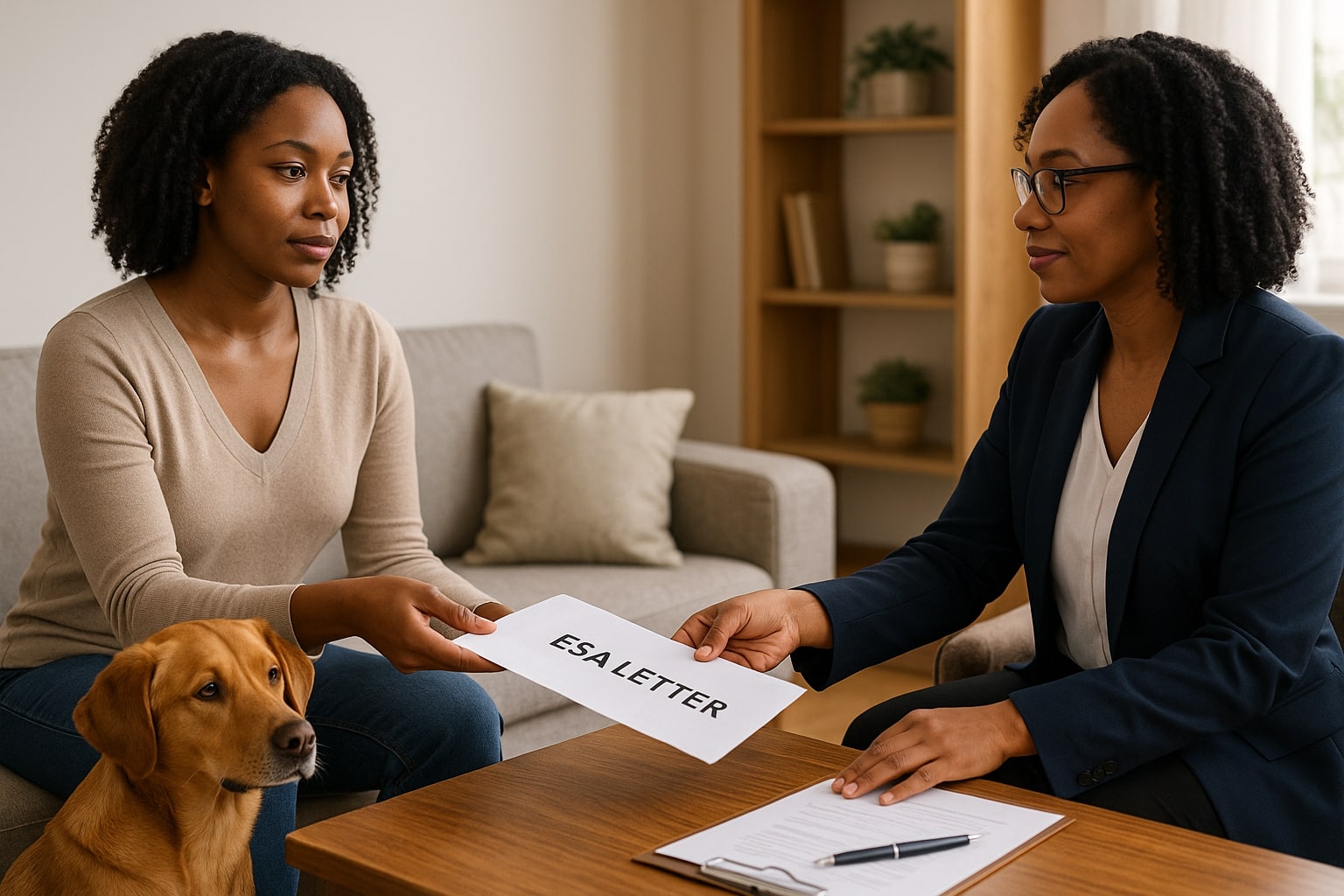 A Black woman hands an ESA letter envelope to a Black woman landlord while her emotional support dog sits beside her.