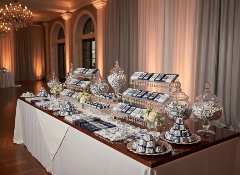 Design custom candies displayed as branded favors at a corporate event