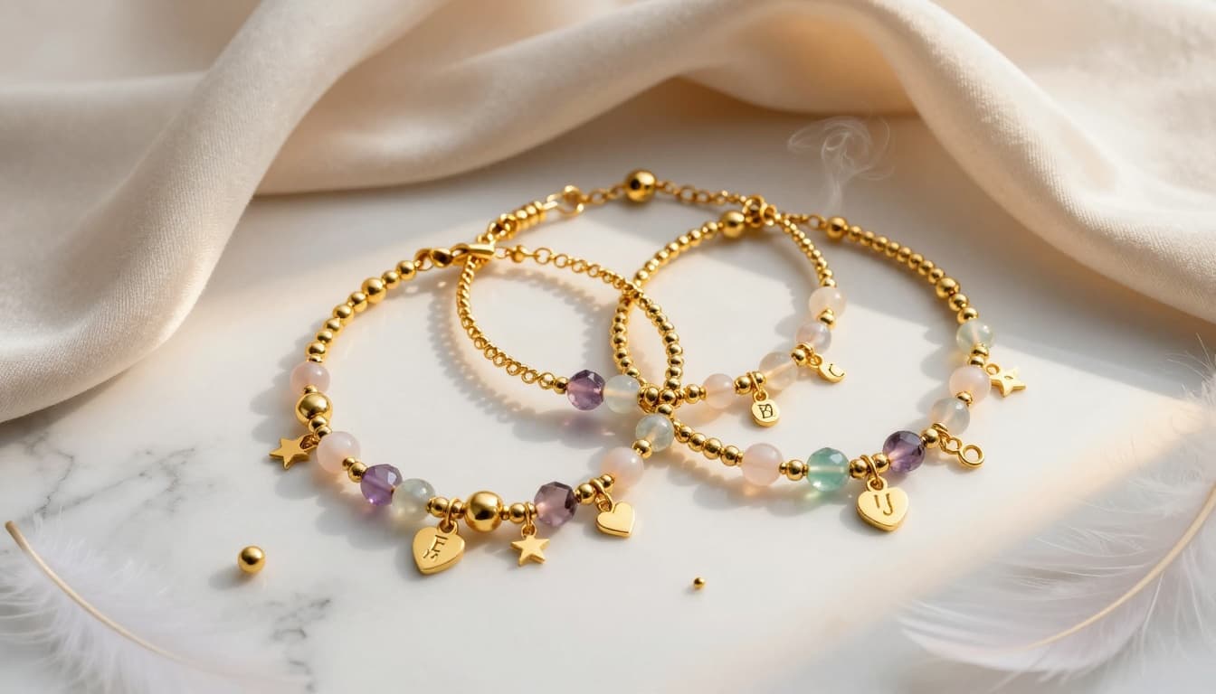 14k gold bead bracelets with personalized charms and gemstones laid flat