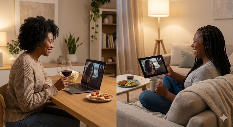 Two Black women in their mid-to-late 40s enjoying a virtual dinner over a video call and creating new shared memories