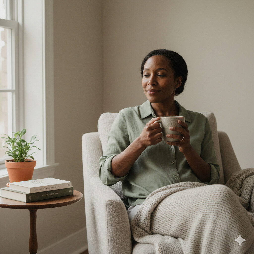 African American woman relaxing at home with tea while nurturing her mental well-being