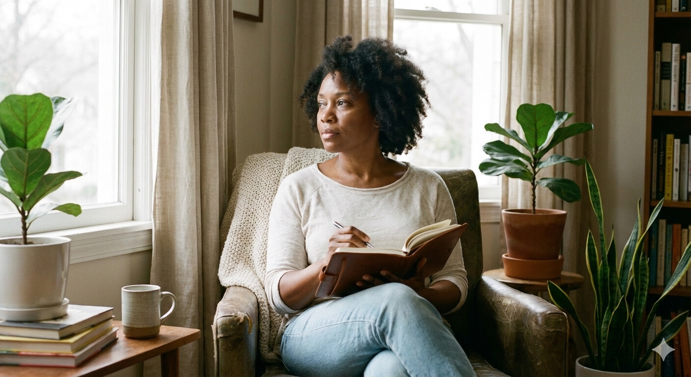 African American woman journaling by a window as part of a conscious and nurturing lifestyle
