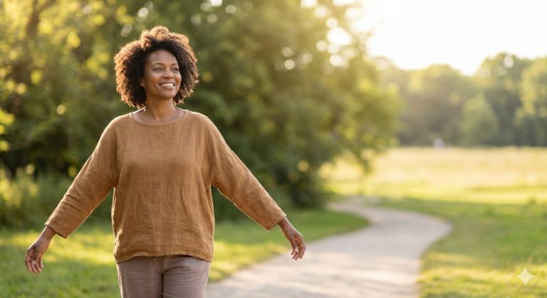 African American woman walking outdoors and embracing a conscious, nurturing lifestyle