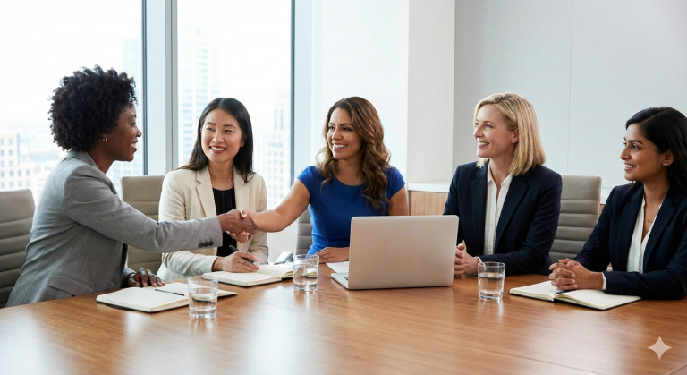 Diverse group of professional women in a business meeting shaking hands to represent trust and reputation management