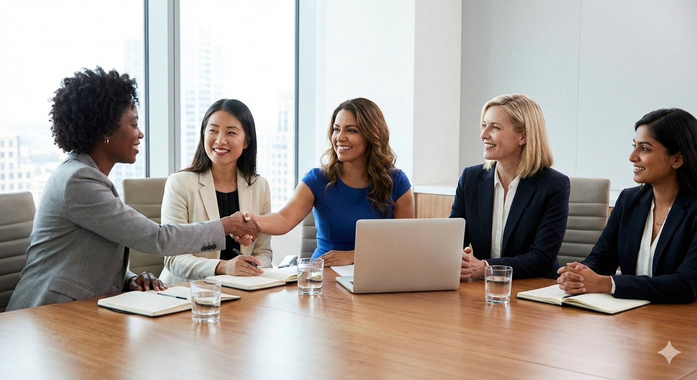 Diverse group of professional women in a business meeting shaking hands to represent trust and reputation management
