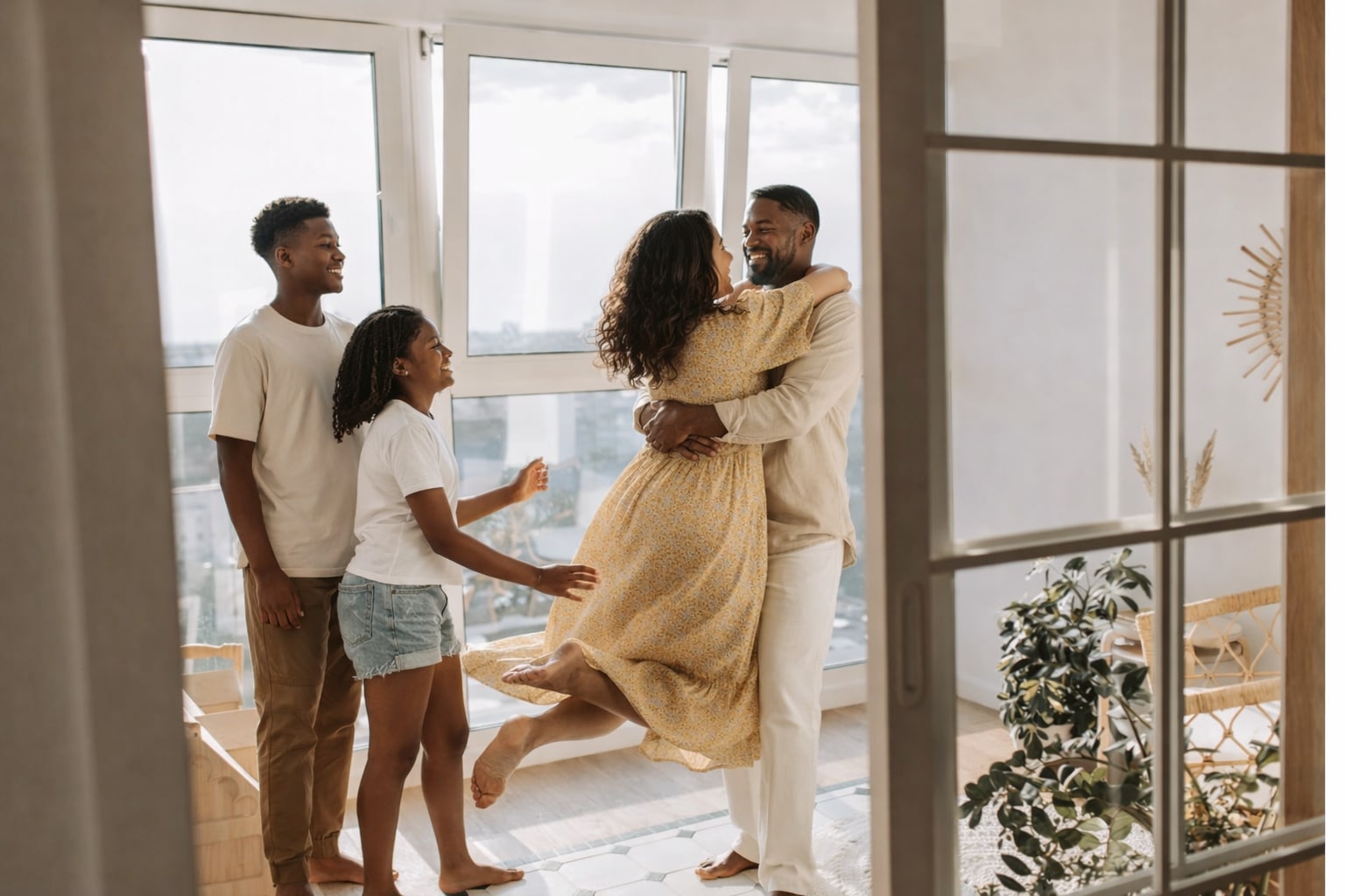 A joyful African American family enjoying natural light in a calm home environment during a home wellness audit