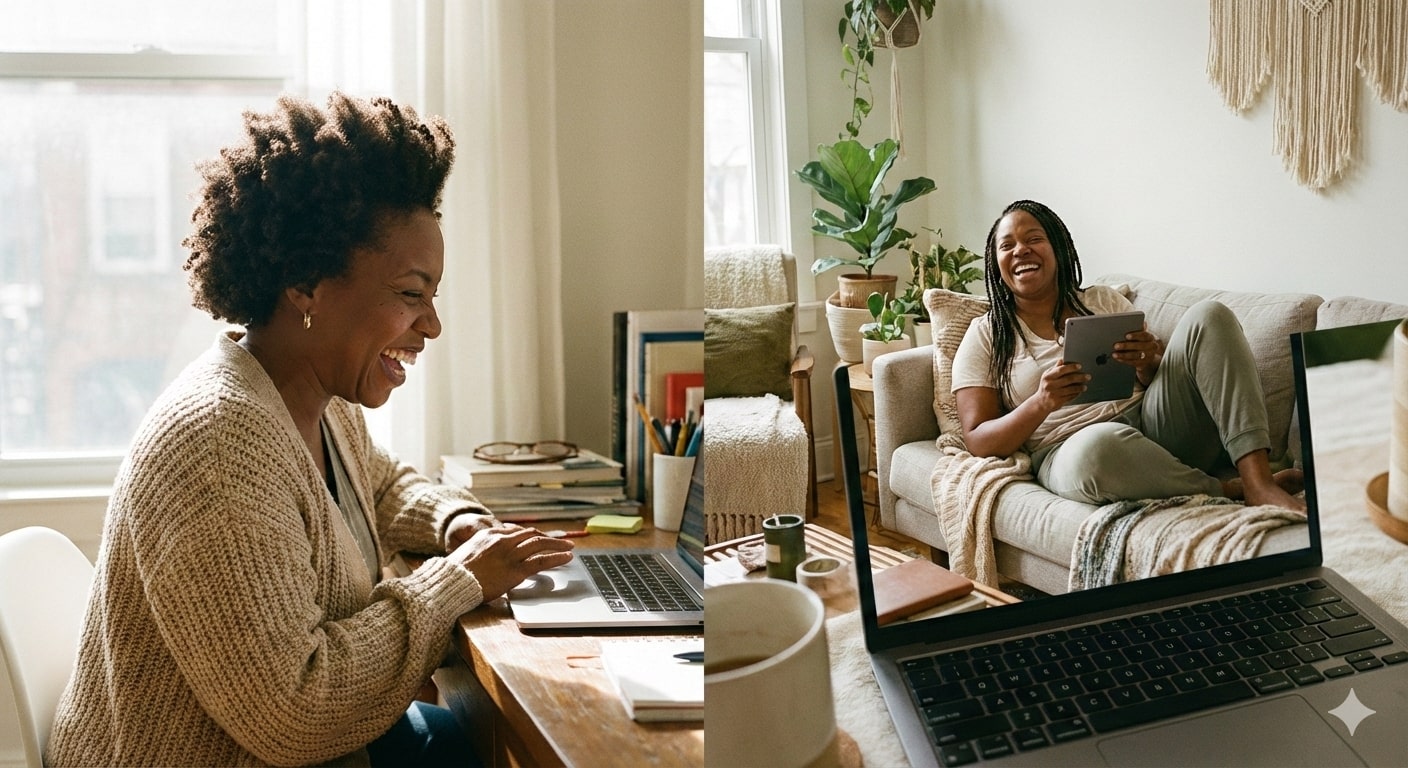 Two Black women in their mid-to-late 40s smiling during a video call, sharing memories and staying connected across distance