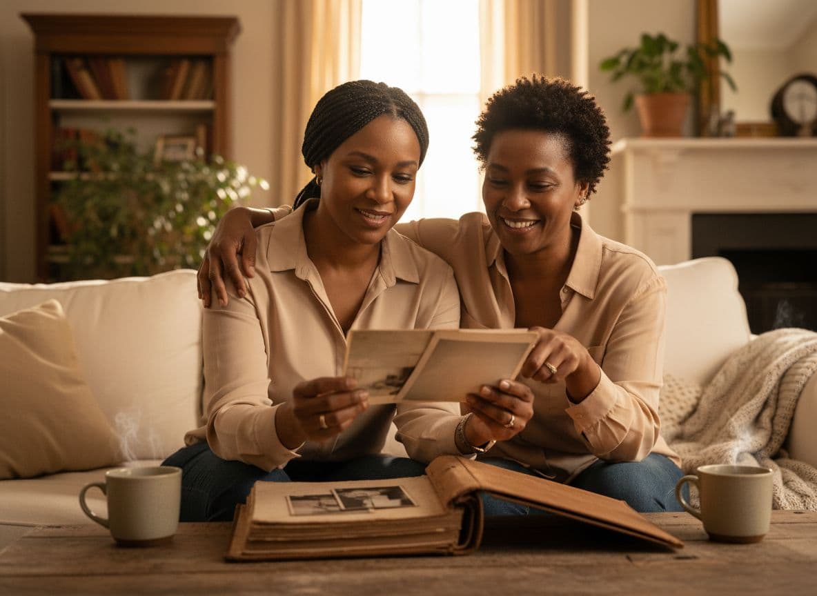 Two Black women in their mid-to-late 40s looking through a photo album together and reminiscing over shared memories