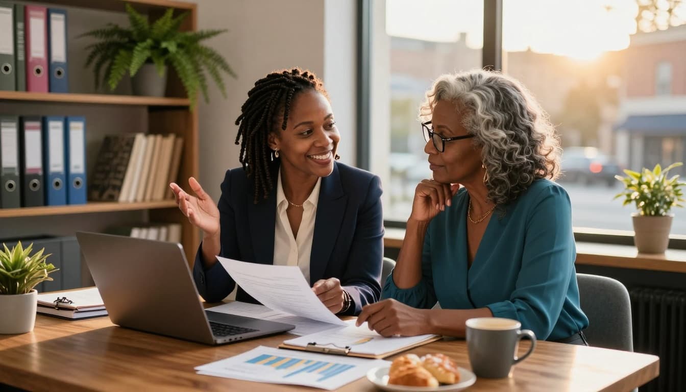 Two African American women discussing business finances and reviewing documents together