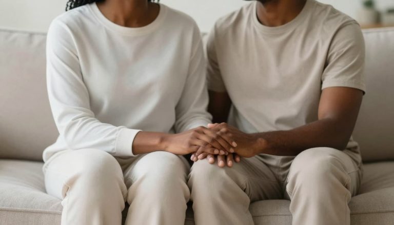 Couple sitting on a couch holding hands in a quiet moment of support during infertility struggles