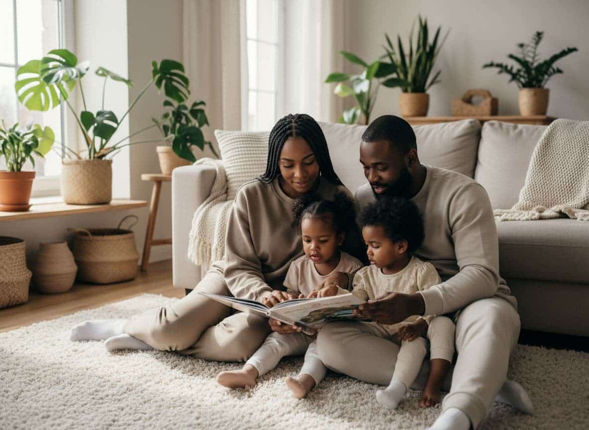 African American parents reading a book with their children at home, encouraging discussion and critical thinking in a calm living room setting