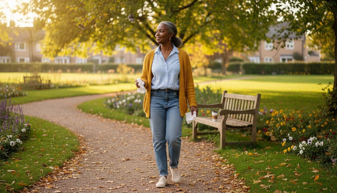 African American woman walking in a neighborhood park showing everyday benefits of walking