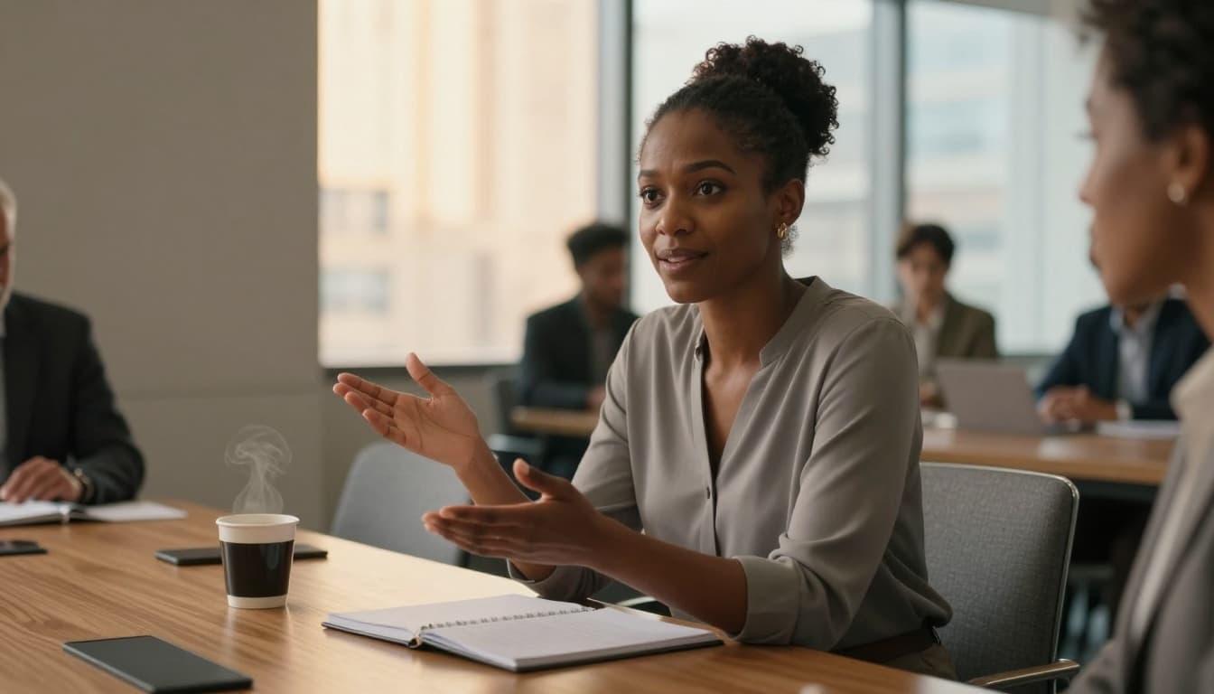 Female leader speaking openly during a professional meeting with colleagues