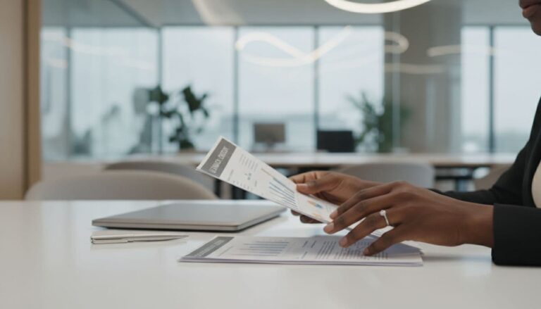 Black woman reviewing business documents at a desk during the LEI registration process