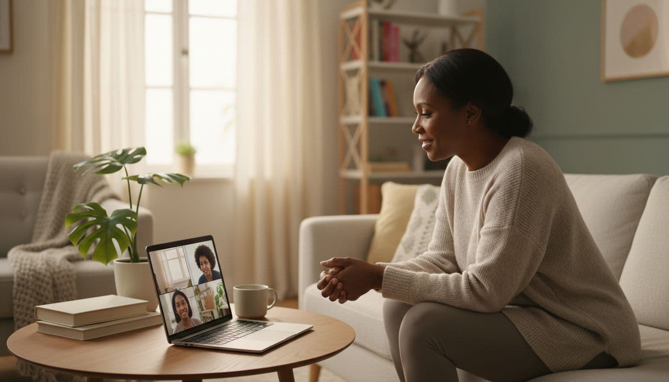 Black woman participating in an online therapy session from her home using a laptop