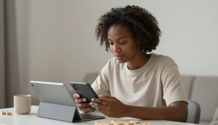 Woman playing a word game on a tablet in a quiet, cozy space