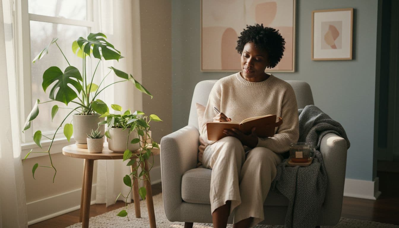 Black woman journaling in a peaceful home setting as part of a mindfulness and self-care routine