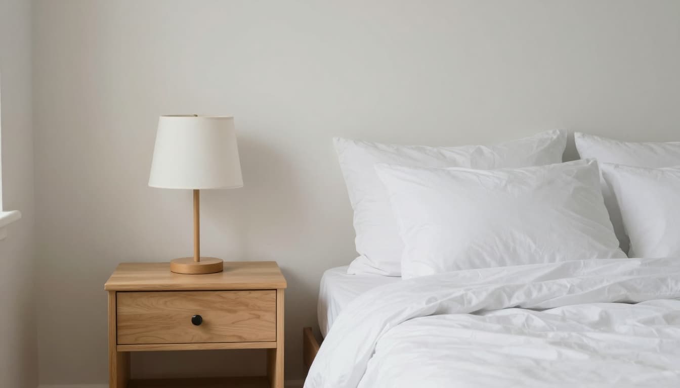 Minimal bedroom corner with a clean nightstand and lamp, supporting rest and mental clarity