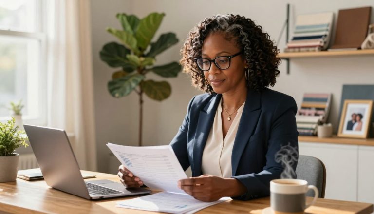 African American woman entrepreneur reviewing financial documents at her desk