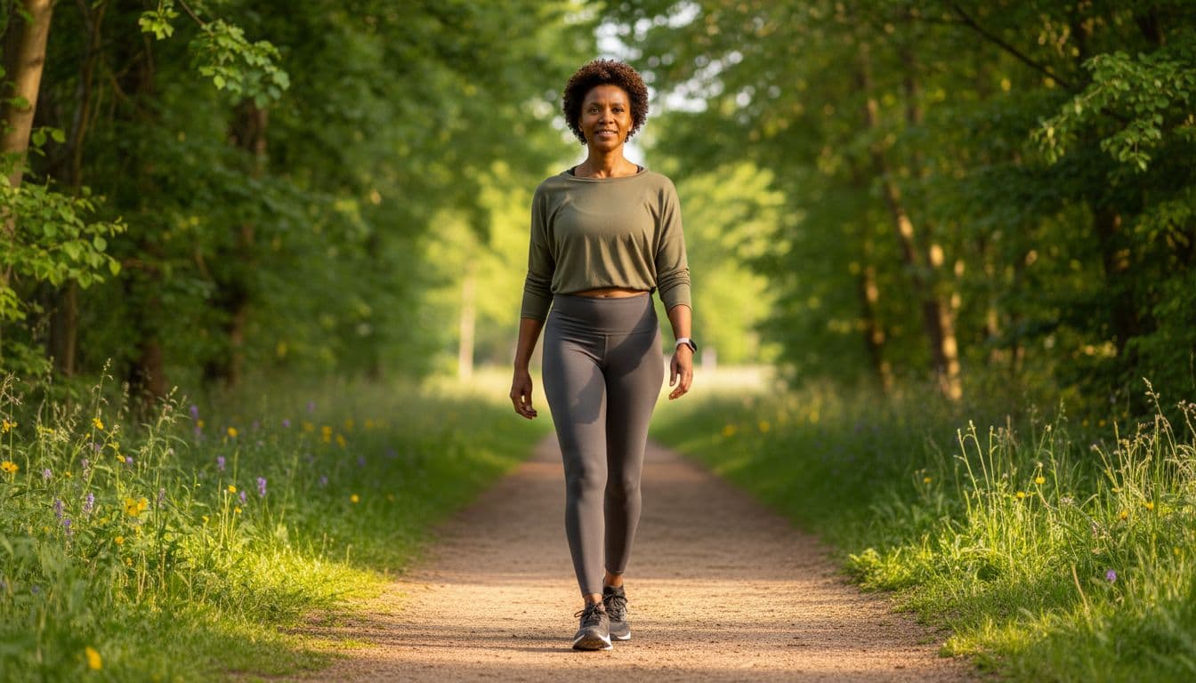 African American woman walking confidently on a park path demonstrating the benefits of walking