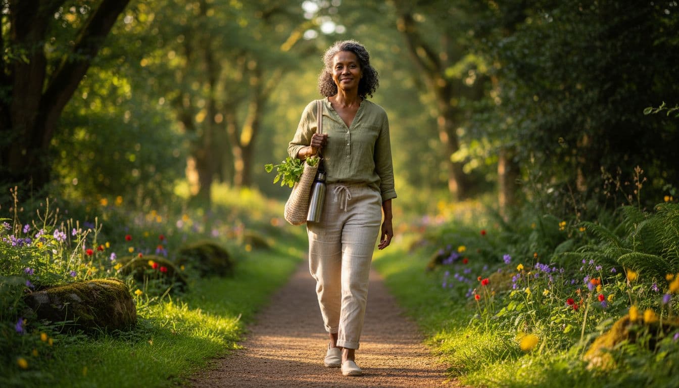 African American woman walking on a peaceful forest path showing the benefits of walking