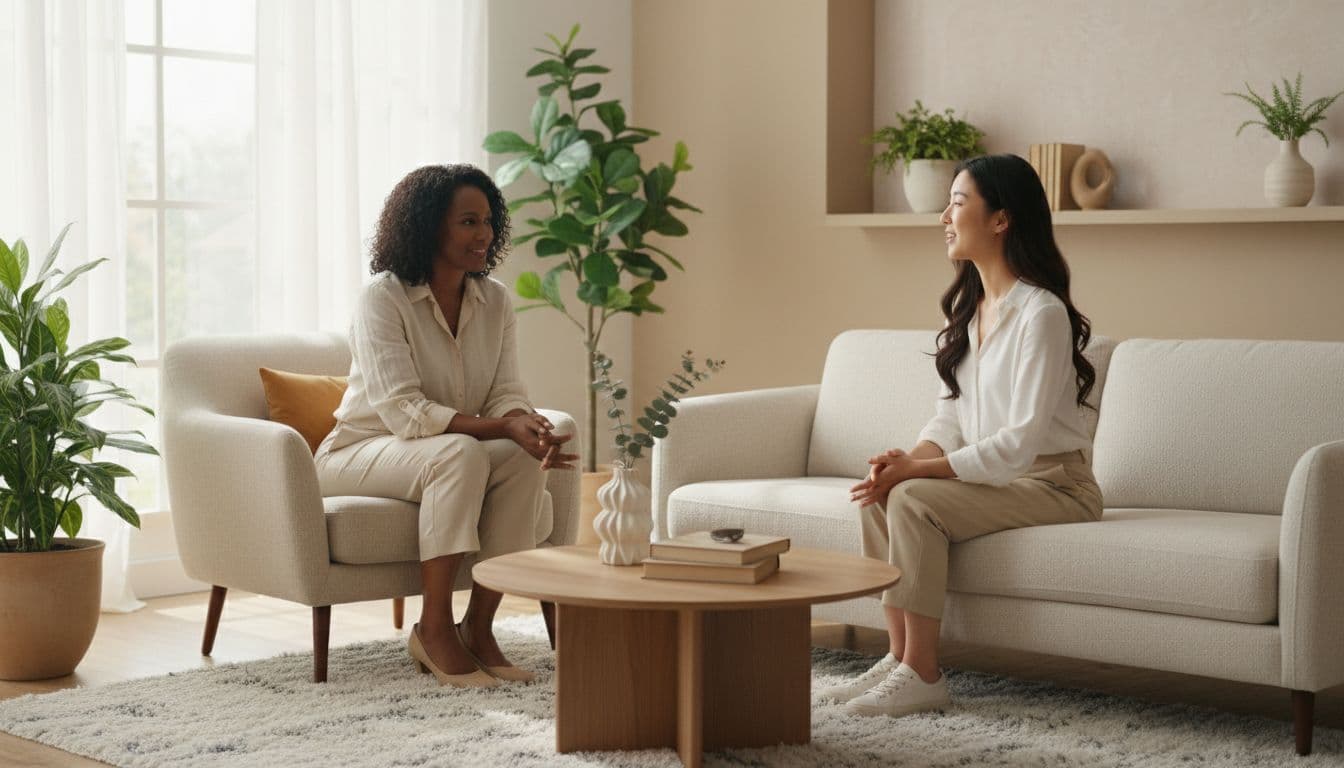 Black woman therapist meeting with a client in a calm, welcoming therapy office focused on mental health and self-care