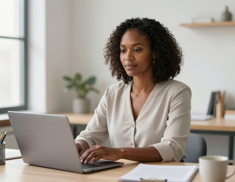 Confident Black woman at a workspace representing skill-building and confidence at work