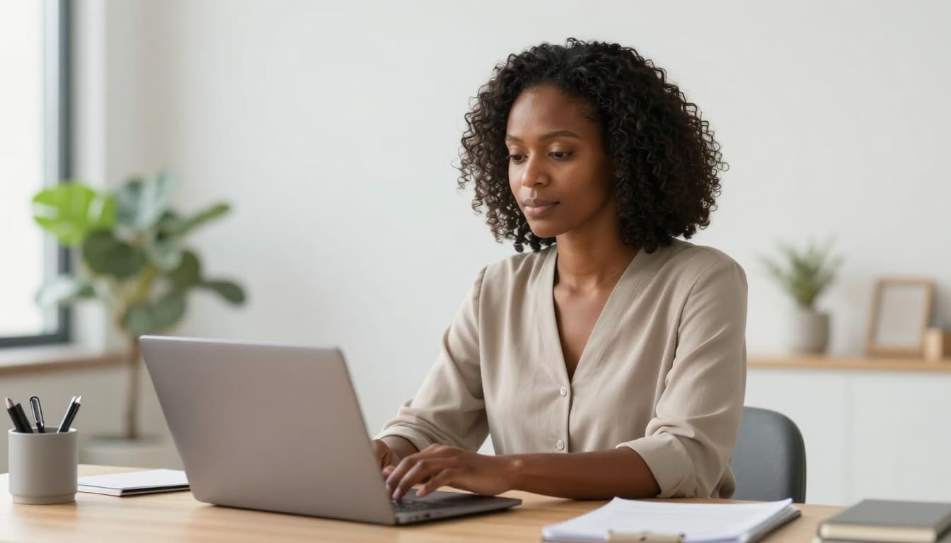 Confident Black woman working on a laptop at a desk while building skills and confidence at work