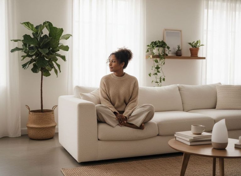 Black woman in a calm home environment representing mental health and self-care