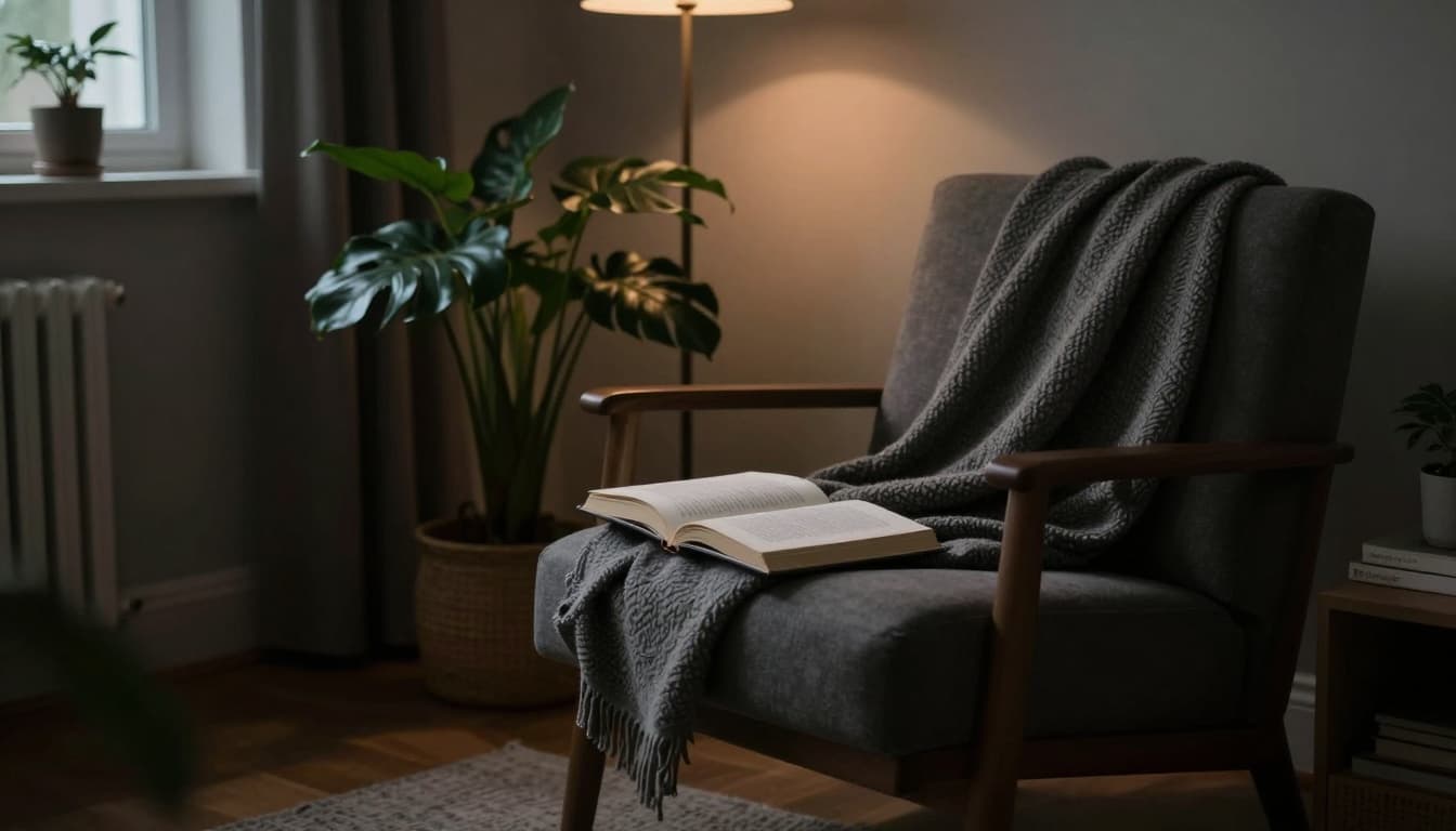 Calm, decluttered living room in soft evening light, representing sustainable wellness and rest