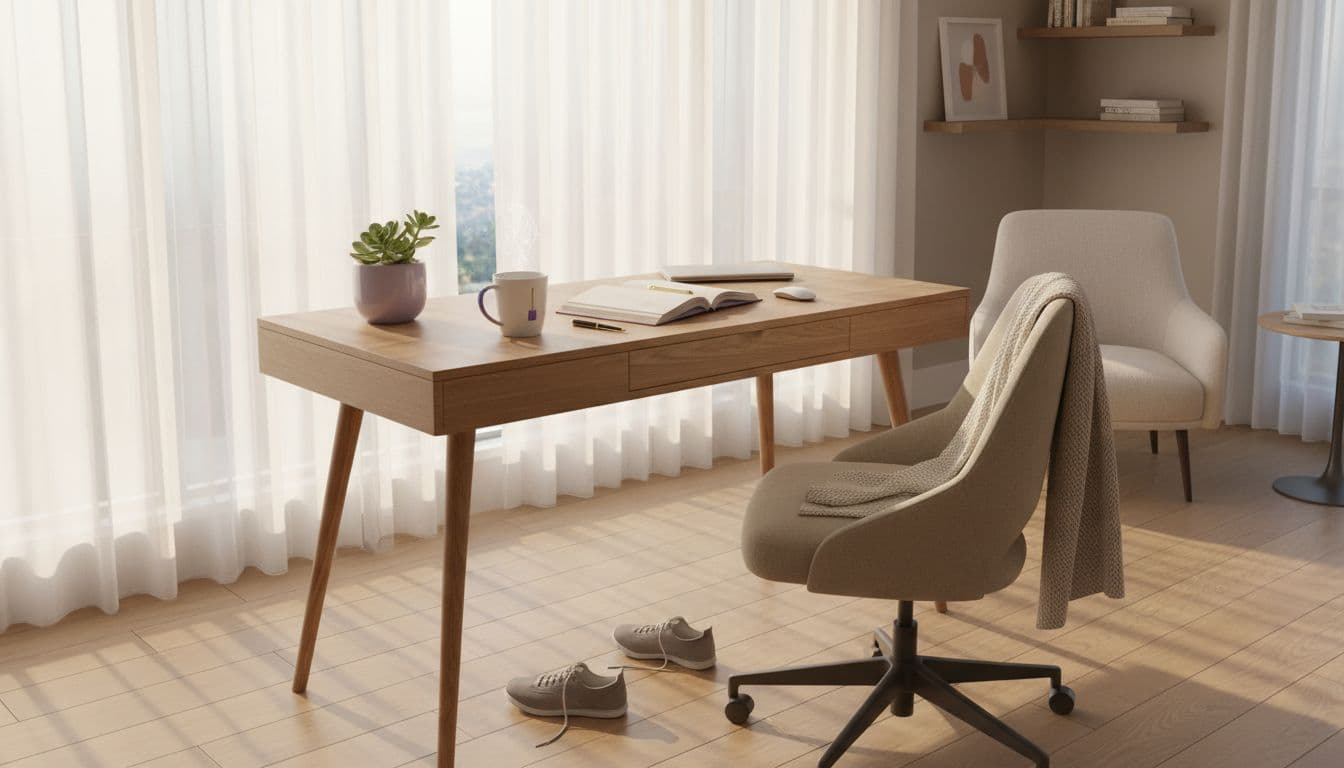 cozy home office with desk, chair, tea mug, and walking shoes suggesting a quick movement break during the workday
