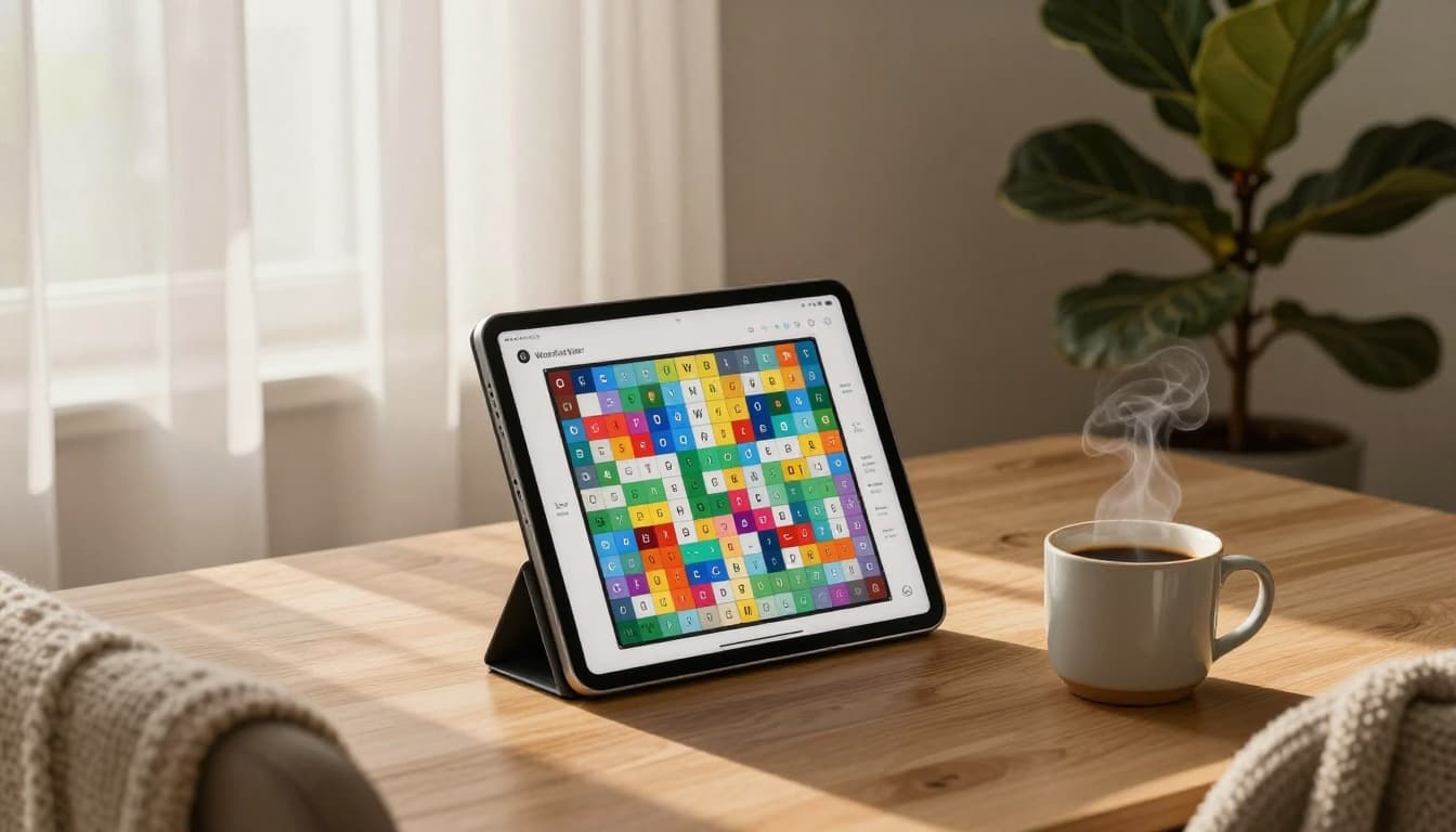 Person relaxing with a digital word game on a tablet and coffee nearby