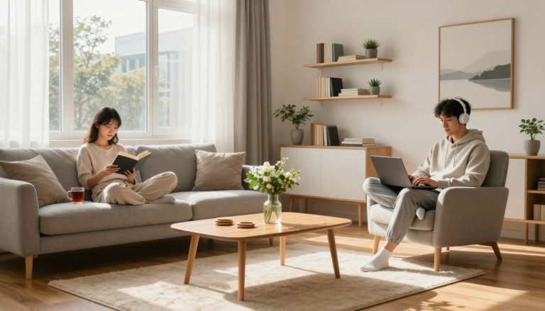 Two roommates relaxing in a calm, organized living room while enjoying personal space in a shared apartment.