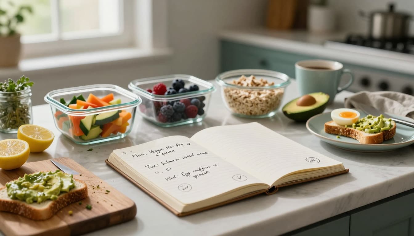 Meal prep containers and a notebook on a kitchen counter used for flexible meal planning
