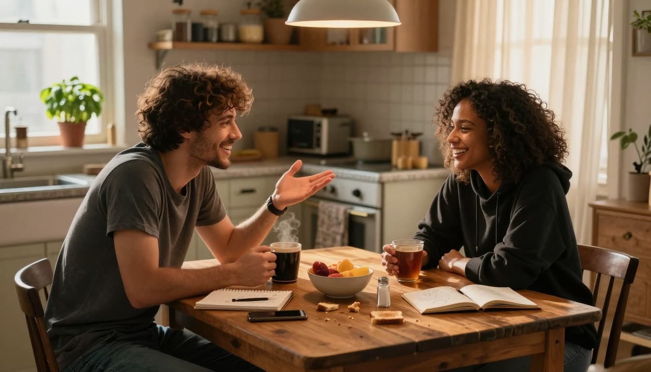 Roommates sitting at a kitchen table talking over coffee in a relaxed and friendly home environment.