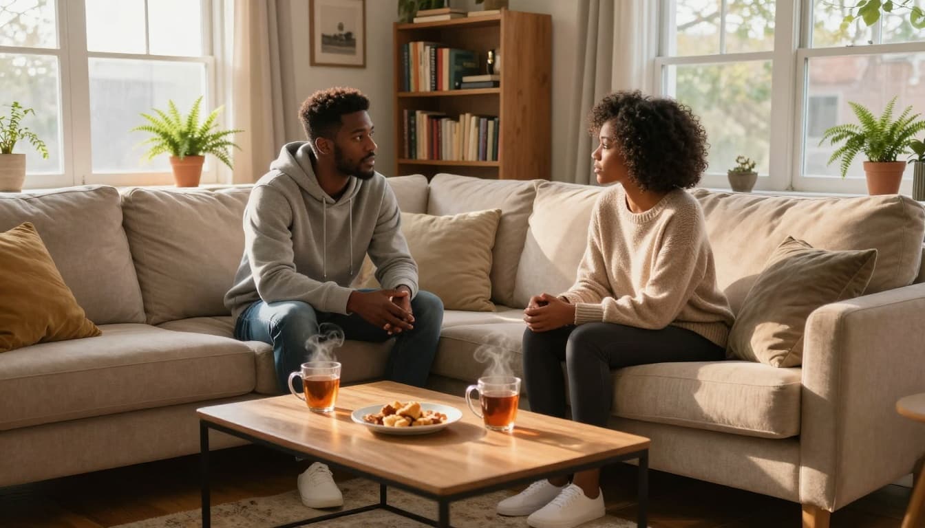 Two roommates sitting on a couch having a calm and respectful conversation in a shared living room.