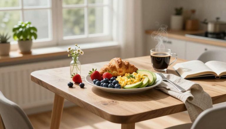 Balanced breakfast with fruit, pastry, eggs, and coffee in a bright kitchen setting