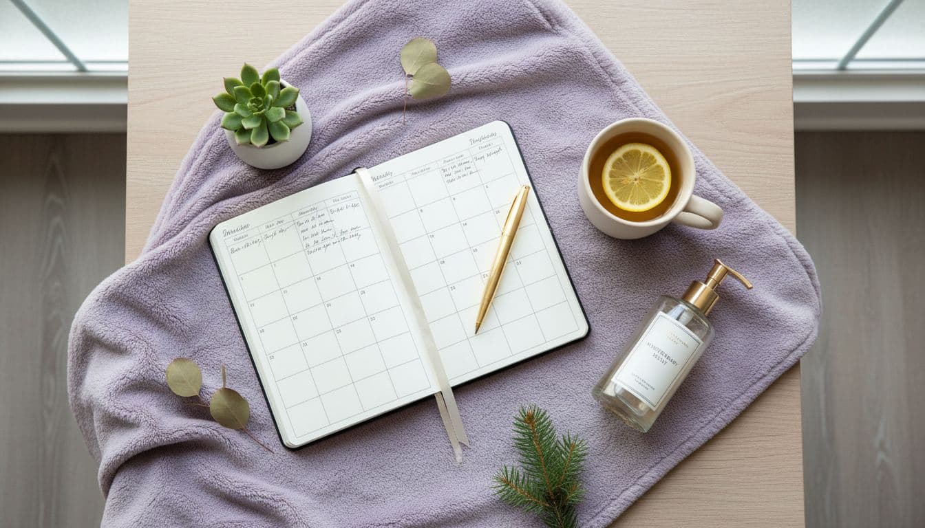planner, tea with lemon, lotion, and blanket arranged neatly to represent daily winter wellness habits and self care