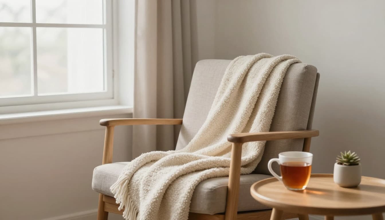 Cozy chair with blanket and tea by a window, creating a calm and intentional January wellness space