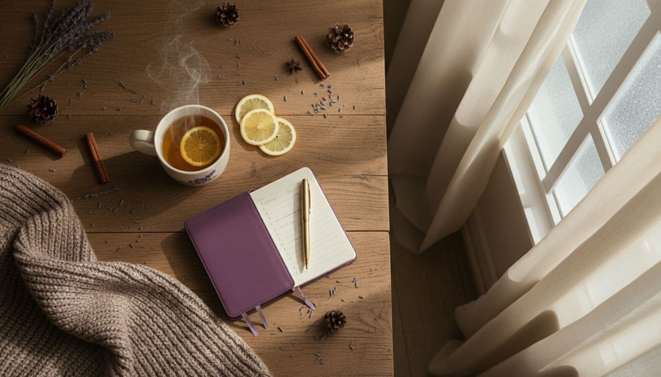 warm tea with lemon slices, purple journal, and cozy blanket on wooden table showing simple winter wellness habits at home