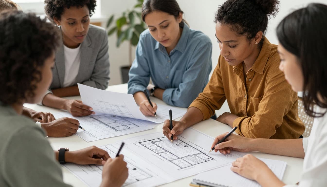 Design team reviewing house plans and blueprints at a table during a collaborative meeting