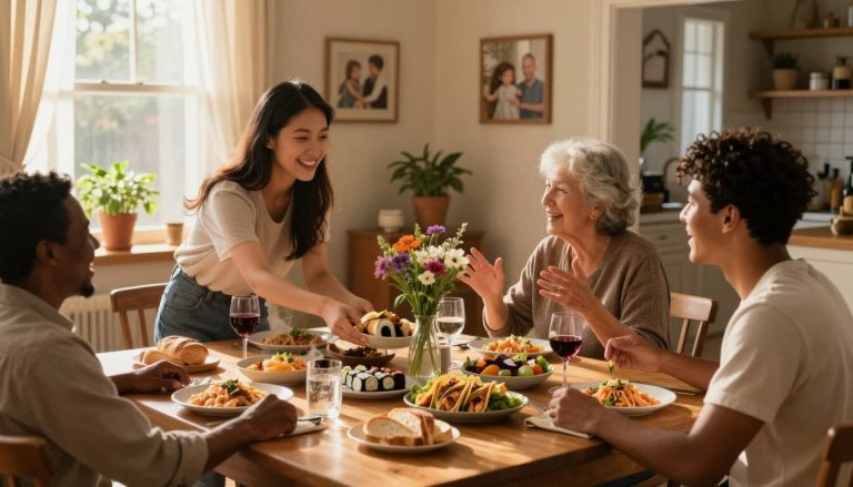 Group of people enjoying a shared meal at a dining table, smiling and talking during a cozy family-style dinner.