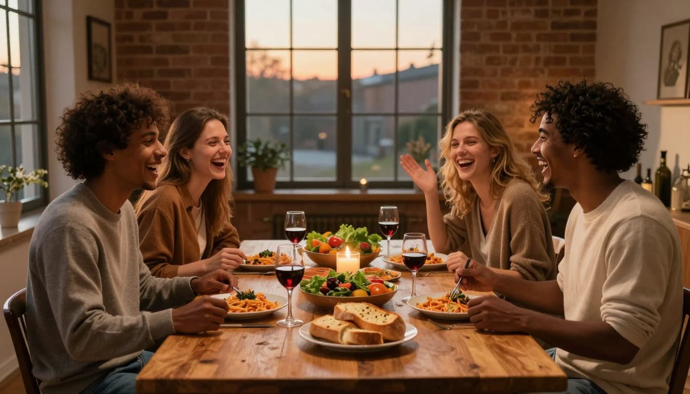Friends laughing and talking while enjoying a shared dinner at a cozy dining table.