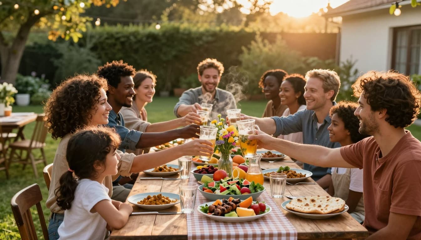 Diverse group of people raising glasses during a shared outdoor meal at sunset.