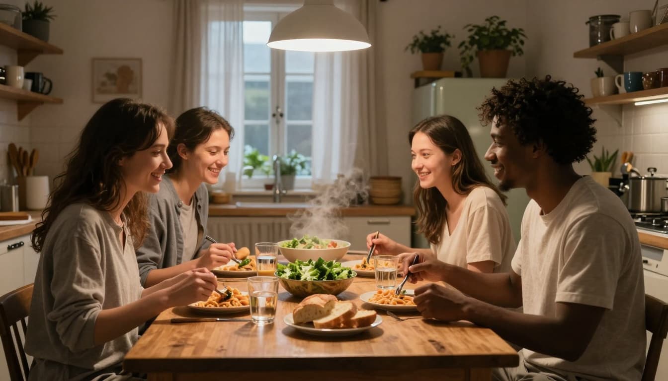 Roommates and friends eating dinner together in a kitchen, enjoying casual conversation and a relaxed meal.