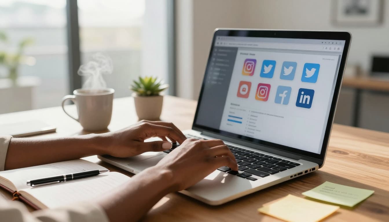 Person typing on a laptop with social media platforms visible while working on a marketing plan
