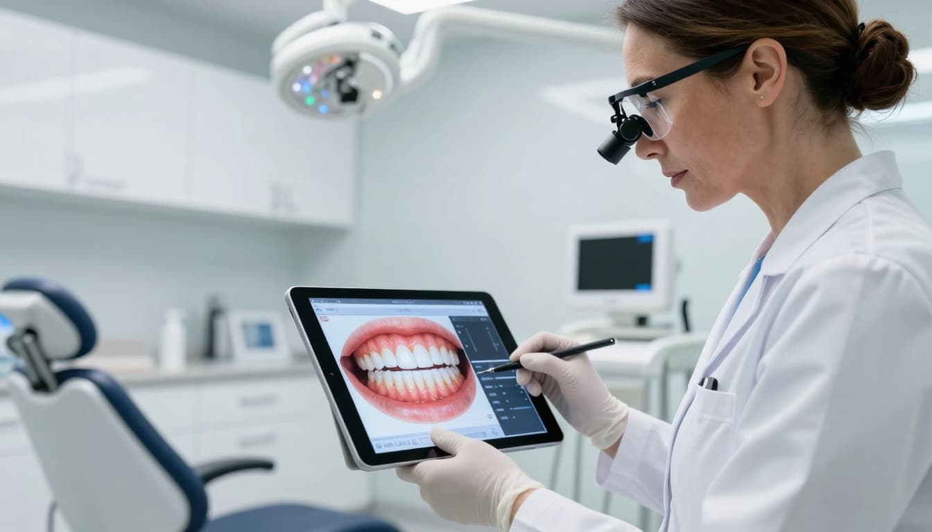 Dentist using a tablet to design and analyze a patient’s smile digitally.